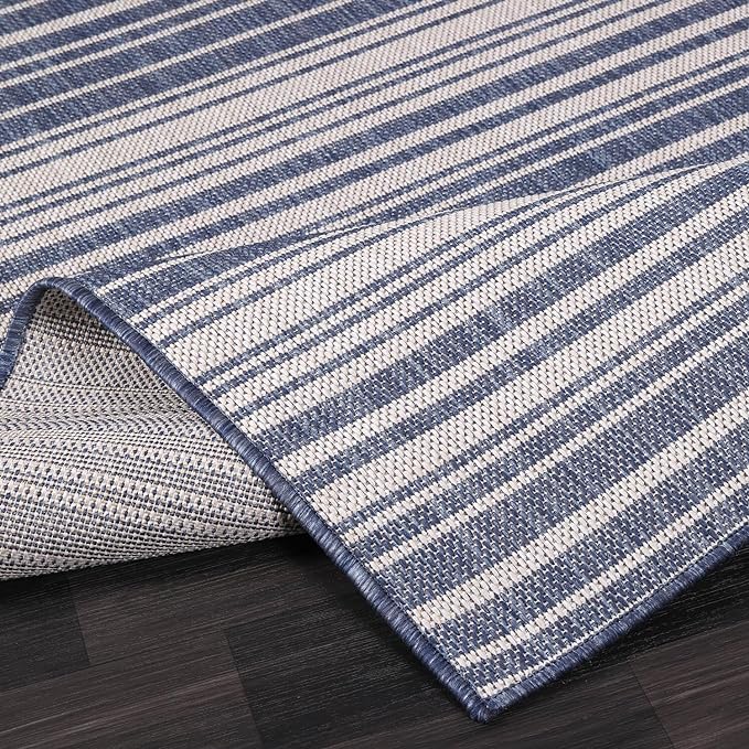 Stripe Outdoor Rug 10x14 Washable Outside Carpet for Indoor Patio Porch Waterproof Easy Cleaning Non Shedding Area Rugs Blue 10 x 14-Ruum Studio Home