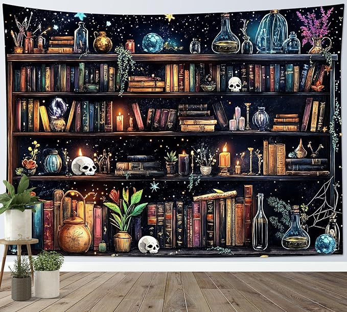 HVEST Magic Bookshelf Tapestry Wall Hanging Vintage Bookshelf Witchy Books Plant Skull Gothic Halloween Wall Decor Starry Sky Tapestry for Bedroom Living Room Dorm, 60L x 80W Inches-Ruum Studio Home