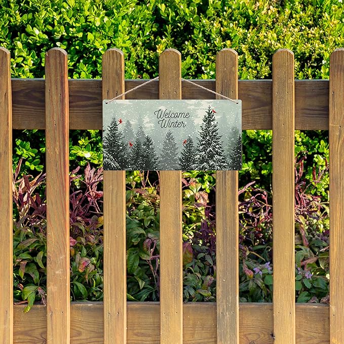 Welcome Winter Hanging Wooden Signs 12x6, Pine Tree Decor, Winter Door Decorations, Winter Door Sign, Snowflake Pine Trees Birds Home Room Office Hanging Wall Decor-Ruum Studio Home