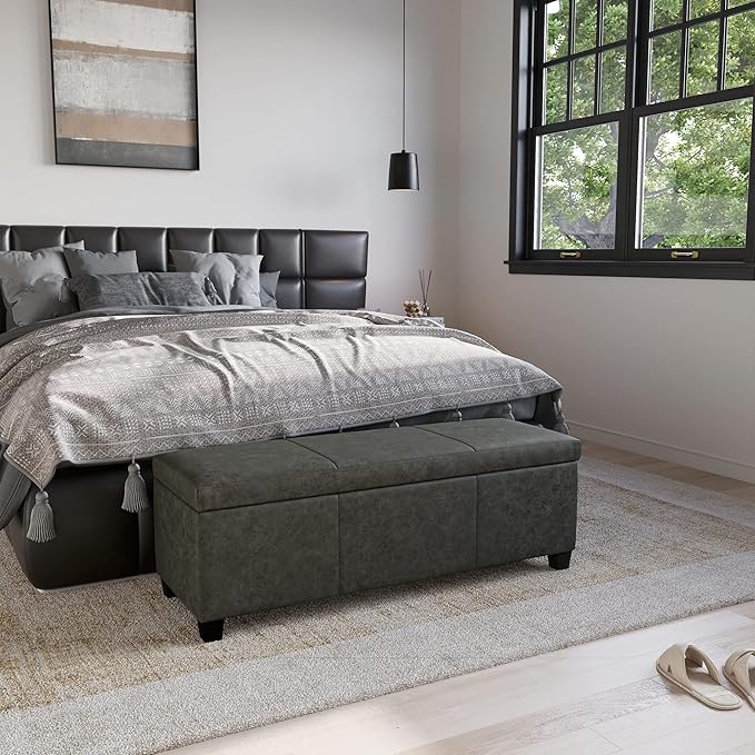 BELLEZE Storage Faux Leather Ottoman, 47 Inch Bench Bedroom Bench with Safety Close Hinge, Extra Long Ottoman with Storage for Living Room, Entryway, Hallway, Foot Rest, Support 300lbs - Rustic Gray-Ruum Studio Home