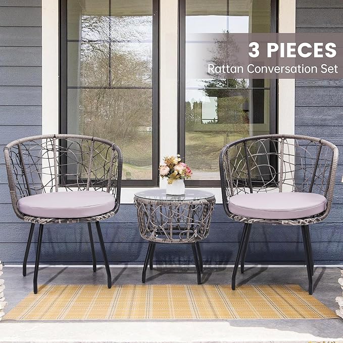 Kromax 3 Piece Bistro Set, Modern Outdoor Wicker Patio Furniture with Tempered Glass Table Top and 2 Chairs, Washable Cushions, Grey Rattan and Grey Cushion-Ruum Studio Home