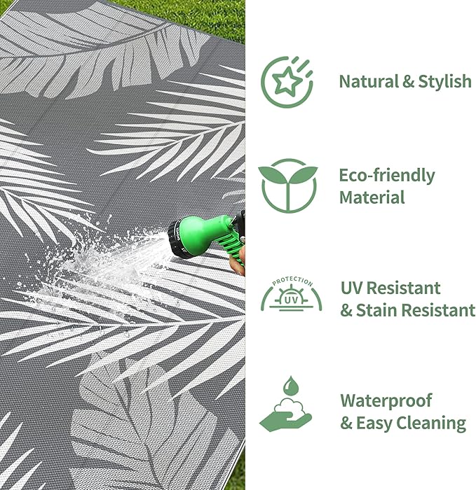 GENIMO Outdoor Rug 9' x 18' Waterproof for Patios Clearance, Reversible, Plastic Straw Camping Rug Carpet, Large Area Rugs Mats for RV, Picnic, Backyard, Deck, Balcony, Porch, Beach, Grey&White-Ruum Studio Home