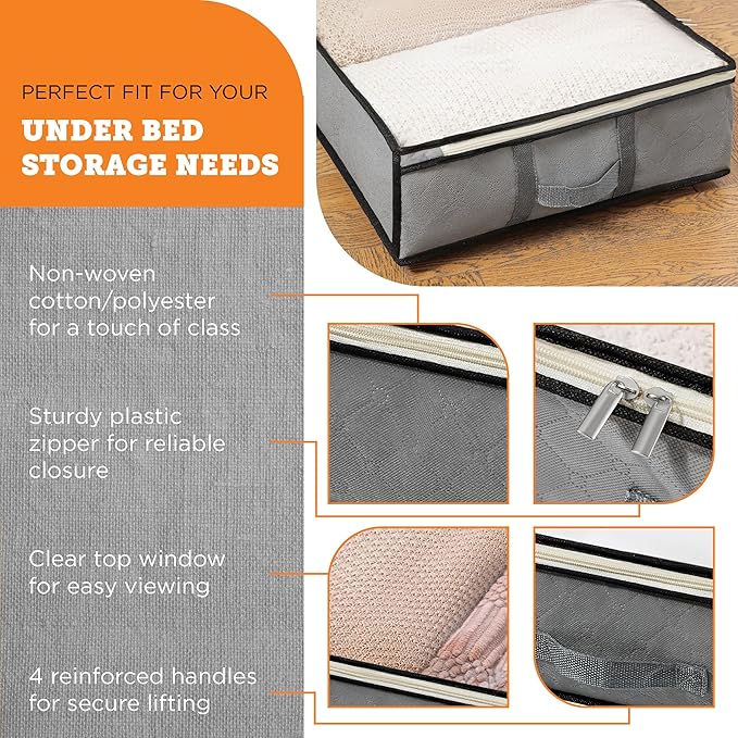 storageLAB Under Bed Storage Containers - Foldable Closet Organizer with Clear Top, Sturdy Handles - 7L Capacity Storage Box for Clothing, Comforter, Blanket, and Shoe - 2 Pack, Soft-Sided, Gray-Ruum Studio Home
