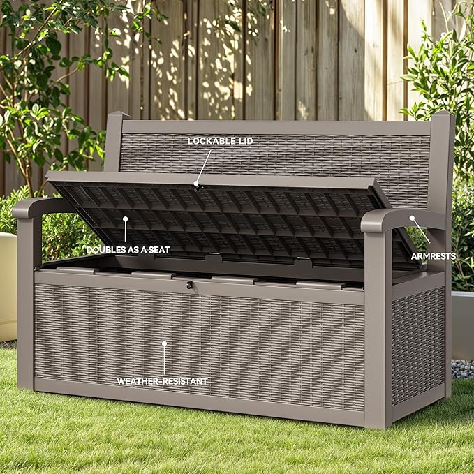 YITAHOME 70 Gallon Storage Bench Deck Box, Lockable Patio Bench, Waterproof Outdoor Pool Deck Storage for Patio Cushions, Garden Tools and Pool Supplies, Light Brown-Ruum Studio Home