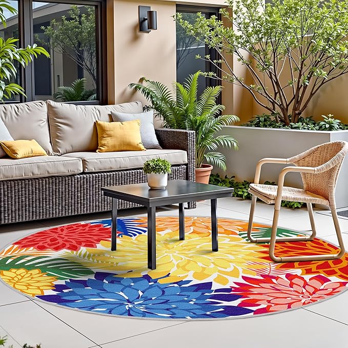 Indoor Outdoor 6FT Round Area Rug Washable Rugs Multicolored Patio Rug Tropical Botanical Modern Floral Indoor Outdoor Round Carpet Non Slip for RV, Pool Deck, Backyard, Porch-Ruum Studio Home