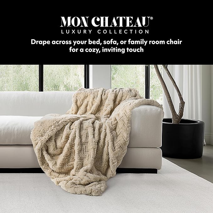 Mon Chateau Premium Reversible Queen Size Luxury Faux Fur Throw for Couch, Sofa, or Queen Size Bed - Plush Cozy Soft Blanket for Sleeping or Home Décor, 60" x 70" (Beige Jacquard)-Ruum Studio Home
