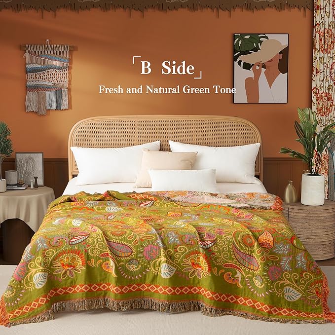 Boho Throw Blanket Twin Size, Soft Cozy Cotton Muslin Quilt Blanket for Bed Decor, Floral Patterned Couch Sofa Chair Cover, Vintage Farmhouse Cottage Tapestry Woven Blanket, Coral&Green-Ruum Studio Home
