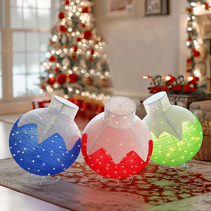 36 Inch Pop-Up Christmas Ball with 90 LED Lights for Outdoor Xmas Decor, 3-Piece Pre-Lit Iridescent Christmas Ball Ornaments Decor with Base, Outdoor 3D Glittered Standing Holiday Display-Ruum Studio Home