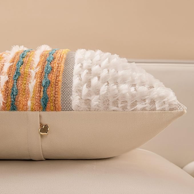Boho Chenille Tufted Couch Throw Pillow Covers 18x18 Inch Set of 2 Farmhouse Striped Decorative Pillow Covers Accent Neutral Pillowcase Yellow Teal Cushion Cover for Living Room Sofa Bed-Ruum Studio Home
