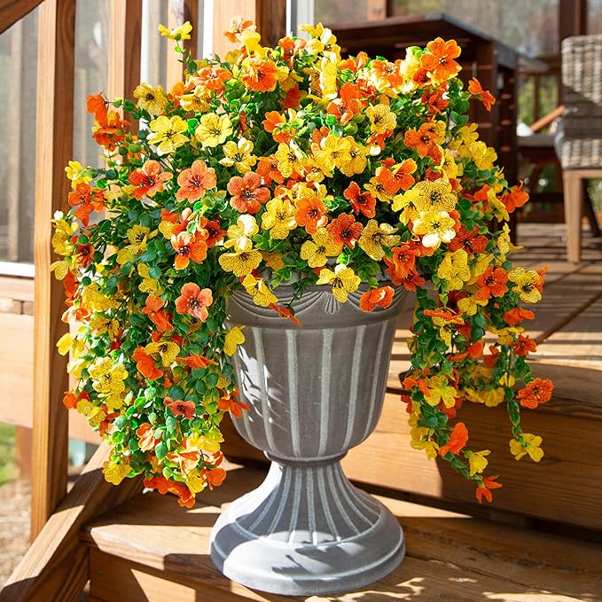 INSPRING Artificial Flowers for Outdoors Fake Mums Hanging Plants Decor, 2Pcs Silk Daisy with Eucalyptus UV Resistant Look Real Trailing Vines for Planter Front Door Patio Yard, OrangeYellow-Ruum Studio Home