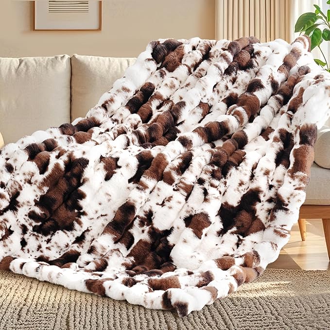 Touchat Cow Print Blanket for Couch, Faux Fur Throw Blanket, Super Heavy Warm Cozy Blankets for Bed Sofa, Bubble Plush Fuzzy Soft Mink Blanket for Living Room Bedroom, Cow Brown-Ruum Studio Home
