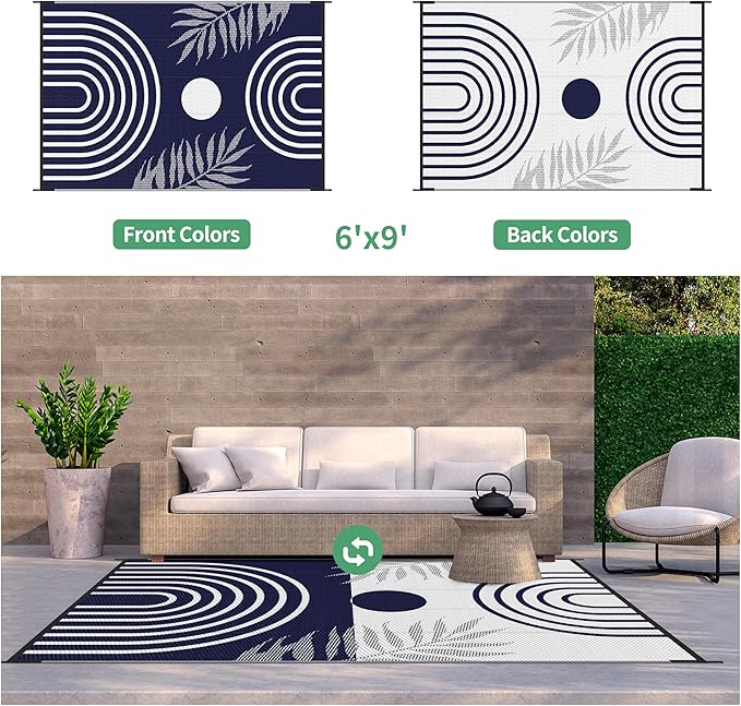 GENIMO Outdoor Rug 6' x 9' Waterproof for Patio Clearance, Reversible Lightweight Plastic Straw Camping Carpet, Large Area Rugs Mats for Rv, Backyard, Deck, Porch, Picnic, Balcony, Mix-Blue & White-Ruum Studio Home