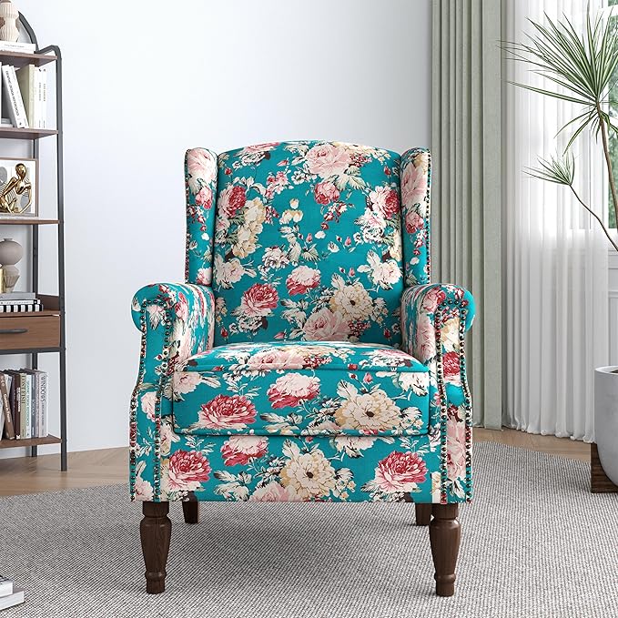 Lumibee Wingback Accent Chair,High Back Floral Armchairs in Fabric,Comfy Upholstered Reading Single Sofa Chair with Solid Wood Legs for Living Room,Bedroom,Office-Peacock Blue-Ruum Studio Home