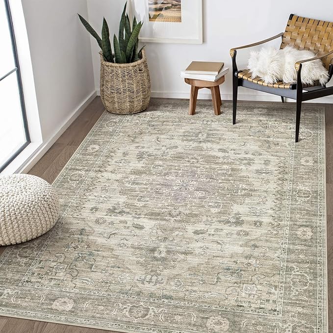 Washable Area Rugs for Living Room - 5x7 Neutral Vintage Distressed Floral Farmhouse Boho Large Soft Floor Rug Indoor Non Slip Carpet for Living Room Bedroom Dining Room Office - Brown/Tan-Ruum Studio Home