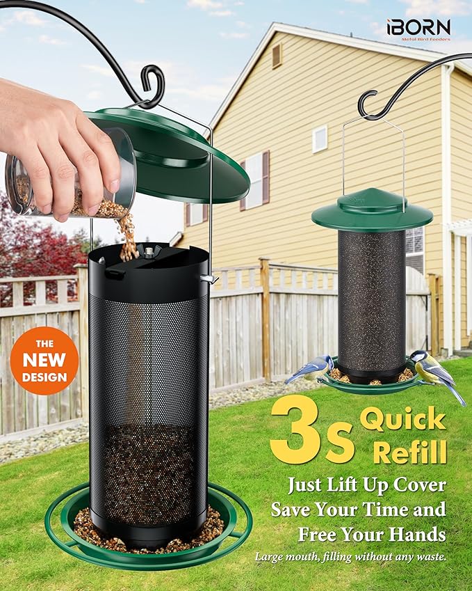 iBorn Bird Feeders for Outdoors, All Metal Mesh Tube, Holding Bird Seed for Outside Feeders,18cm Large Roof, Green, 2.8lb(Seed is not Included)-Ruum Studio Home