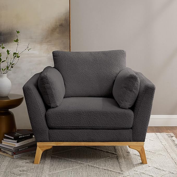 Large-Sized Accent Chair, Thick Cushion Bedroom Reading Chair, Comfortable Living Room Single Sofa， Boucle Dark Gray-Ruum Studio Home