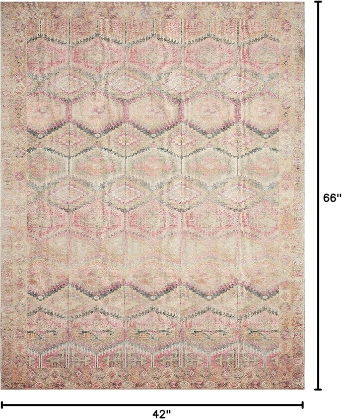 Loloi Layla Collection LAY-17 Pink/Lagoon 3'-6" x 5'-6" .13" Thick Accent Rug, Soft, Durable, Vintage Inspired, Distressed, Low Pile, Non-Shedding, Easy Clean, Printed, Living Room Rug-Ruum Studio Home