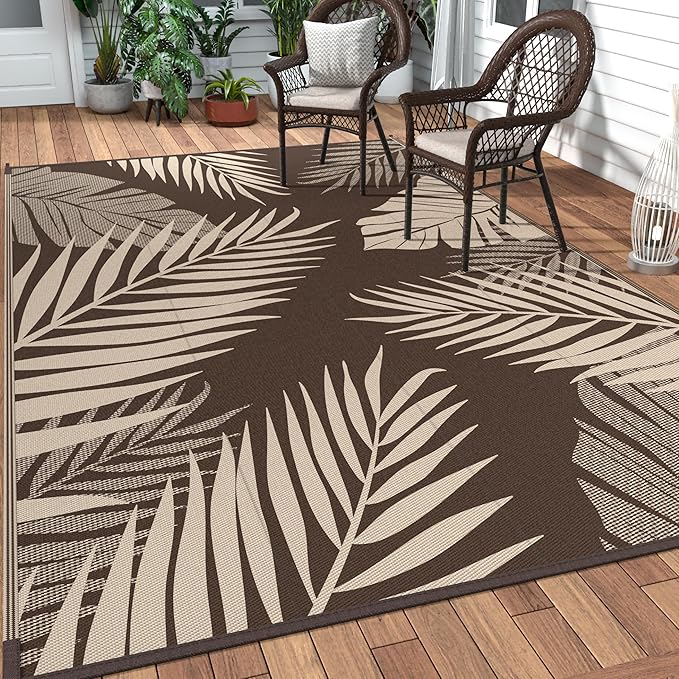 GENIMO Outdoor Rug 10' x 14' Waterproof for Patios Clearance, Reversible Outdoor Plastic Straw Camping Rug Carpet, Large Area Rugs Mats for RV, Camper, Deck, Balcony, Porch, Beach, Coffee&Beige-Ruum Studio Home