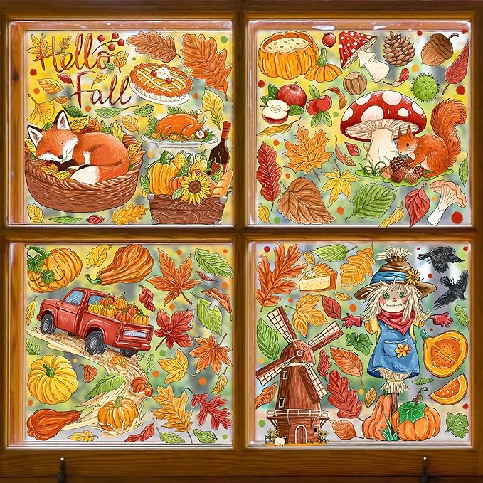 Fall Window Clings Decorations - Leaves Pumpkin Scarecrow Autumn Clings for Glass Windows, Double Sided Reusable Window Stickers, Cute Large Thanksgiving Harvest Window Decals-184 PCS/9 Sheet-Ruum Studio Home