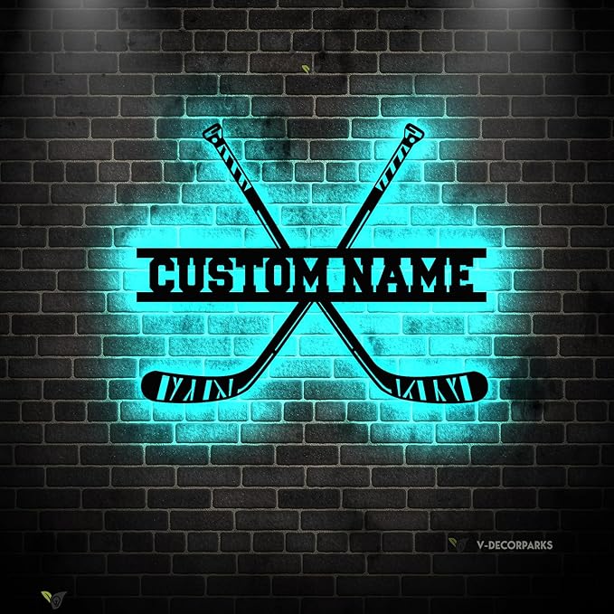 Hockey LED Wall Sign - Hockey Sticks Custom Name Light Up Wall Art, 16-Color LED with Remote Control, Hockey Decor for Bedroom, Locker Room, Fan Gift-Ruum Studio Home