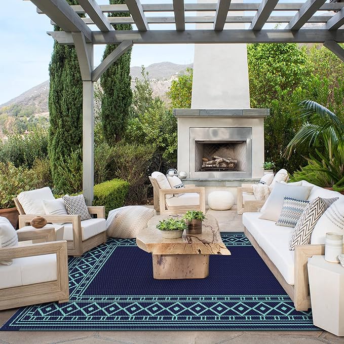 GENIMO Outdoor Rug Waterproof 6'x9' for Patio, Foldable Reversible Plastic Straw Carpet, Outside Area Mat for Patios, Rv, Deck, Picnic, Porch, Camper, Balcony, Beach, Navy Blue & Jade Green-Ruum Studio Home