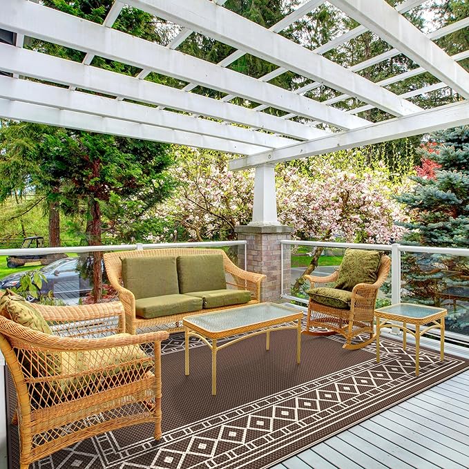 GENIMO Outdoor Rug Waterproof for Patio Decor, 5'x8' Reversible Plastic Straw Rug Carpet, Camping Mat for Outdoor, RV, Backyard, Deck, Balcony, Picnic, Beach, Coffee & Beige-Ruum Studio Home