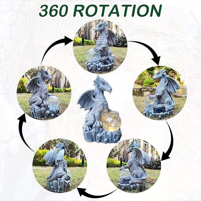 Dragon Solar Garden Statues Outdoor Decoration with Magic Orb,Dragon Figurine Solar LED Lights Lawn Décor,Outside Statue Ornament for Patio, Balcony, Yard,Unique Gifts for Mom Grandma-Ruum Studio Home