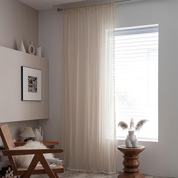 Sutuo Home Boho Curtains for Bedroom Nursery 90 Inch Length, Bohemian Geometric Crochet Sheer Lace Handmade Tassels Window Treatment Vintage Rustic Drape Rod Pocket 1 Panel 59" W x 90" L, Beige Wave-Ruum Studio Home