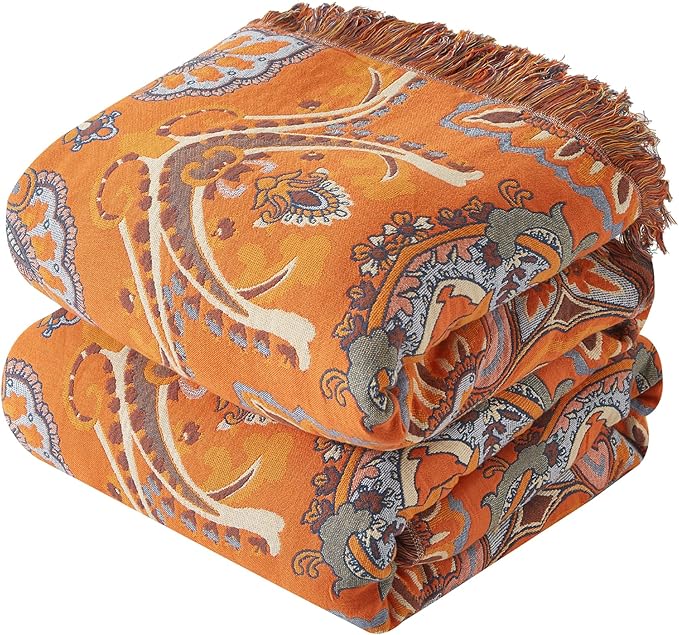 Boho Throw Blanket for Couch Sofa Bed, 100% Cotton Woven Quilt with Tassel 60”x80”, Super Soft Muslin Blanket with Oriental Universe Printed, Decorative Reversible Bed Blanket/Cover for All Seasons-Ruum Studio Home