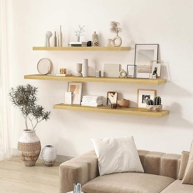 Floating Shelves Wall Shelf 48 Inch, 9.3 Inch Deep Floating Shelf for Wall, Farmhouse Black Wood Shelves Invisible Bracket for Living Room, Bedroom, Kitchen, 48 x 9.3 x 1.4 Inch, Set of 2, Oak Color-Ruum Studio Home