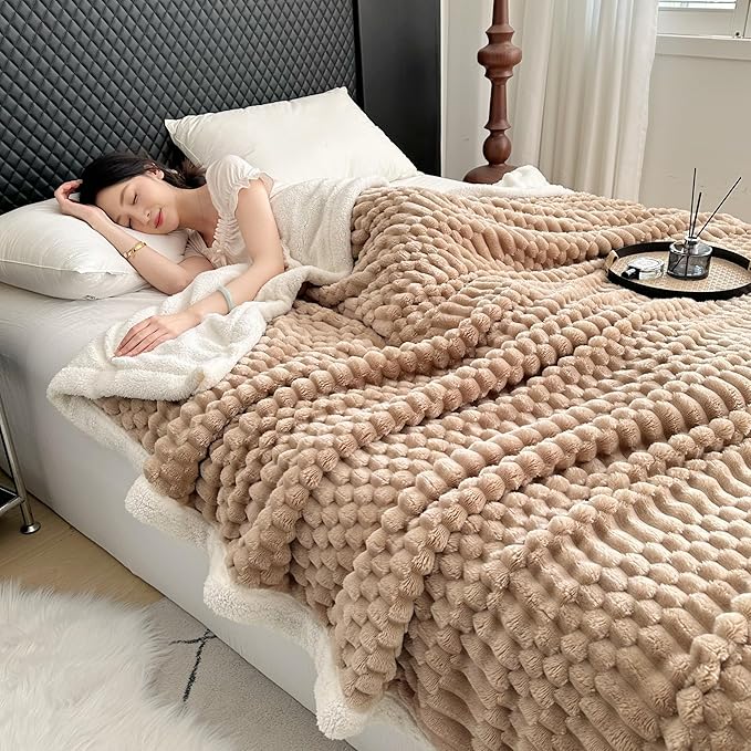UKELER Sherpa Throw Blanket 60 × 80 inch, 470 GSM Striped Sherpa Fleece Blanket for All Season, Warm and Cozy Blankets for Couch Sofa Bed Office Camping, Camel-Ruum Studio Home