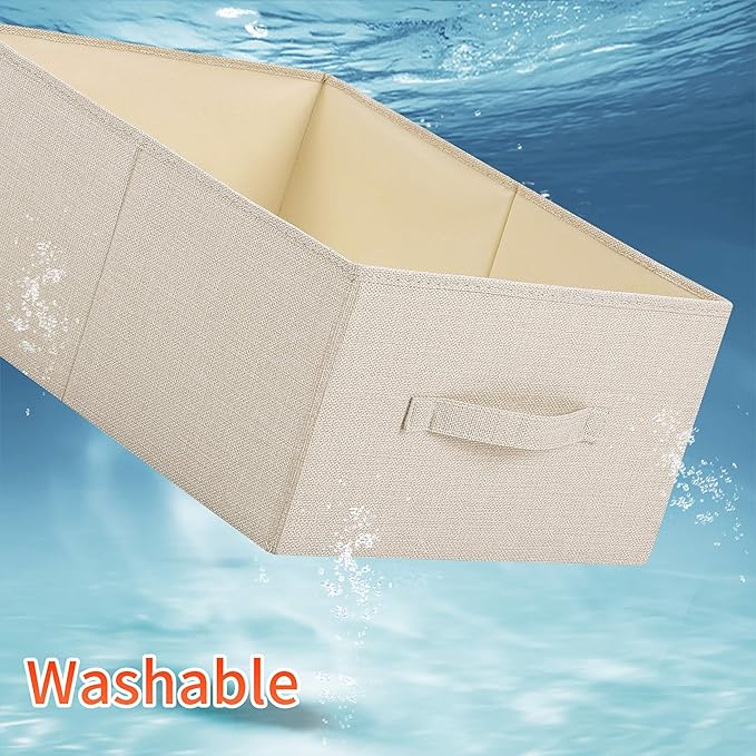 Linen Folding Storage Bins, 3 Pack Large Storage Baskets, Washable, Clothing Storage Bins with Handle, Closet Organizer for Storage Sweater,Sheets (Beige, 16"x9½"x6¾")-Ruum Studio Home