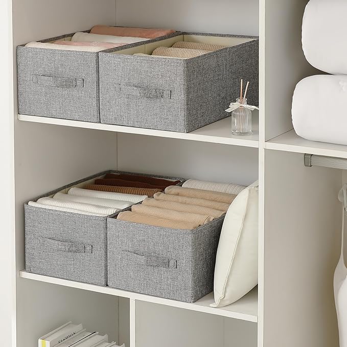 Linen Folding Storage Bins, 3 Pack Large Storage Baskets, Washable, Clothing Storage Bins with Handle, Closet Organizer for Storage Sweater,Sheets(dark grey, 18½"x11" x8½")-Ruum Studio Home
