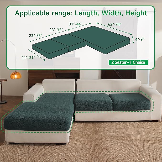 Couch Cushion Covers for Sectional Sofa, Stretch Soft Sofa Slipcovers Washable Wear-Resistant Universal Furniture Protector for Living Room(2 Seaters Covers+1 Chaise Cover, Green)-Ruum Studio Home