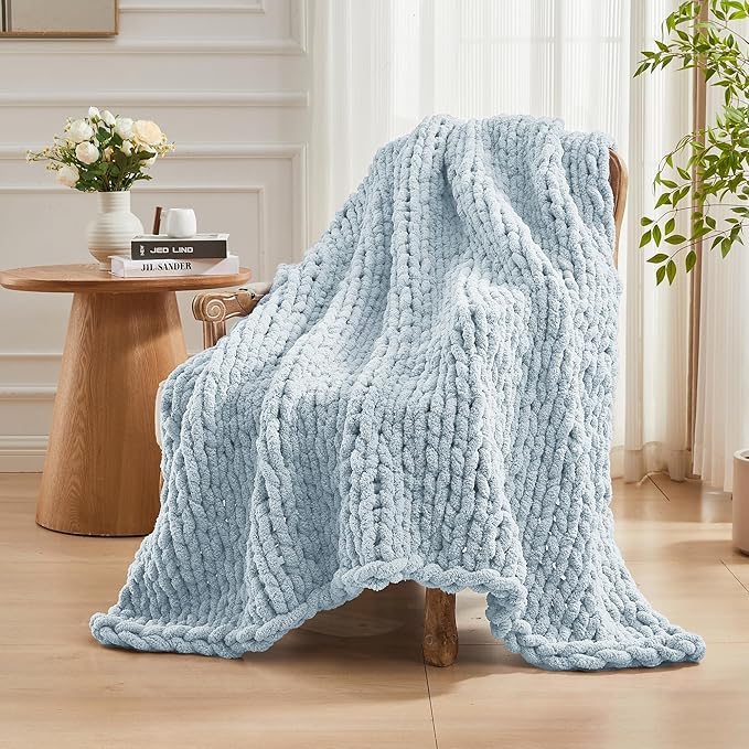 Carriediosa Chunky Knit Throw Blanket 50" X 60", 100% Hand Made Large Chenille Loop Yarn Soft Fluffy Throws for Couch Sofa Bed, Big Crochet Cozy Heavy Thick Cable Woven Blanket, Light Blue-Ruum Studio Home