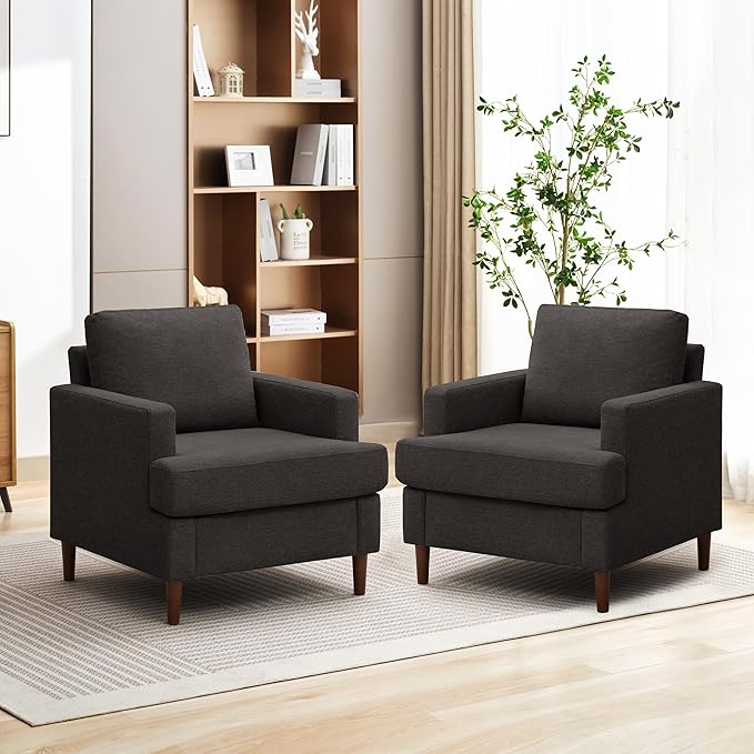 Mid-Century Accent Chair,Modern Linen Fabric Armchair for Living Room,Comfy Upholstered Reading Accent Chairs for Bedroom,Single Sofa Chair with Wood Legs (Dark Grey, 2 Pack)-Ruum Studio Home