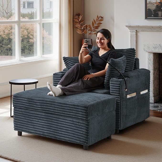 Accent Chair with Storage Ottoman Upholstered Living Room Chairs for Reading Chair with Chaise Lounge Chairs Indoor, Comfortable Armchair for Bedroom-Ruum Studio Home