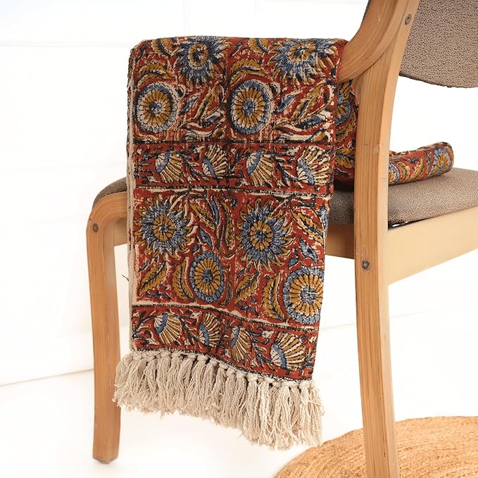 Handmade Cotton Throw Blanket | Floral Block Print in Orange & Navy | 48x70 Inches Fringed Bed Runner | Lightweight Boho Sofa Throw for Couch, Living Room & Bedroom Decor-Ruum Studio Home