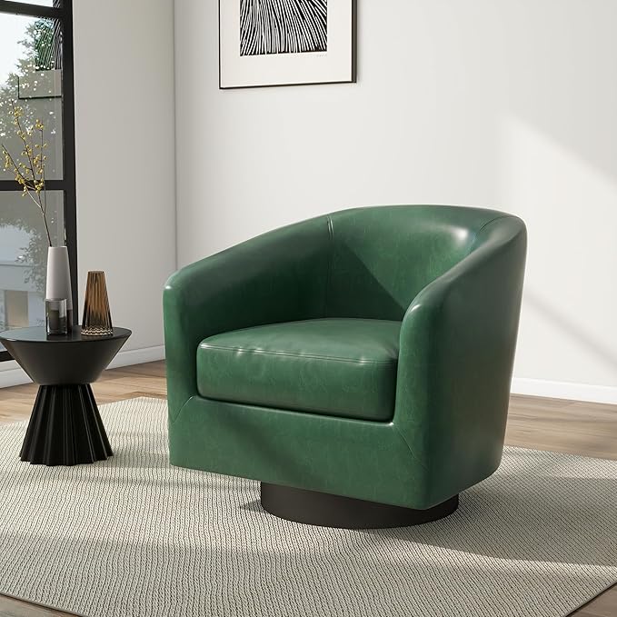 Swivel Barrel Accent Chair, Modern Round Faux Leather Arm Chair for Living Room, Bedroom, Comfy Club Reading Chairs for Adults(Faux Leather, Green, Set of 1)-Ruum Studio Home
