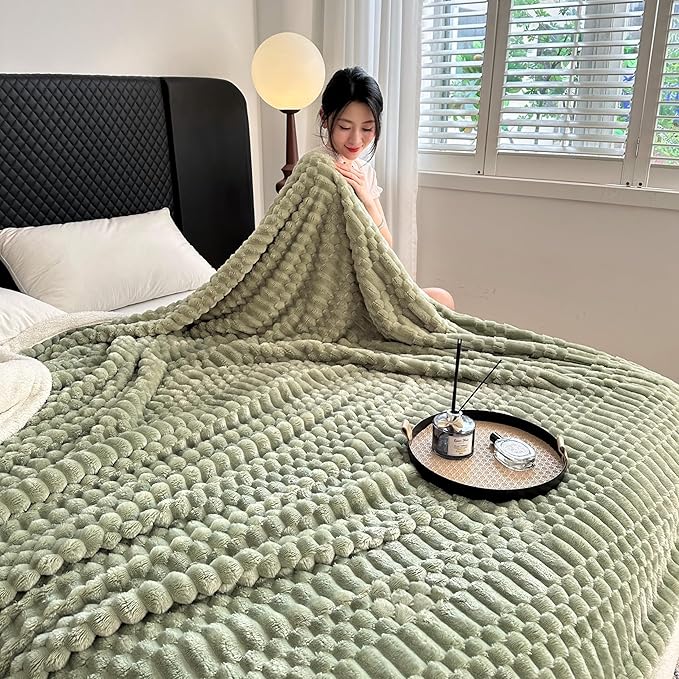 UKELER Sherpa Bed Blanket 80 × 90 inch, Ultra Soft Queen Size Throw Blanket for All Season, 470 GSM Cozy Plush Striped Fleece Blankets for Bedroom Living Room Dorm Hostel Sofa Camping, Green-Ruum Studio Home