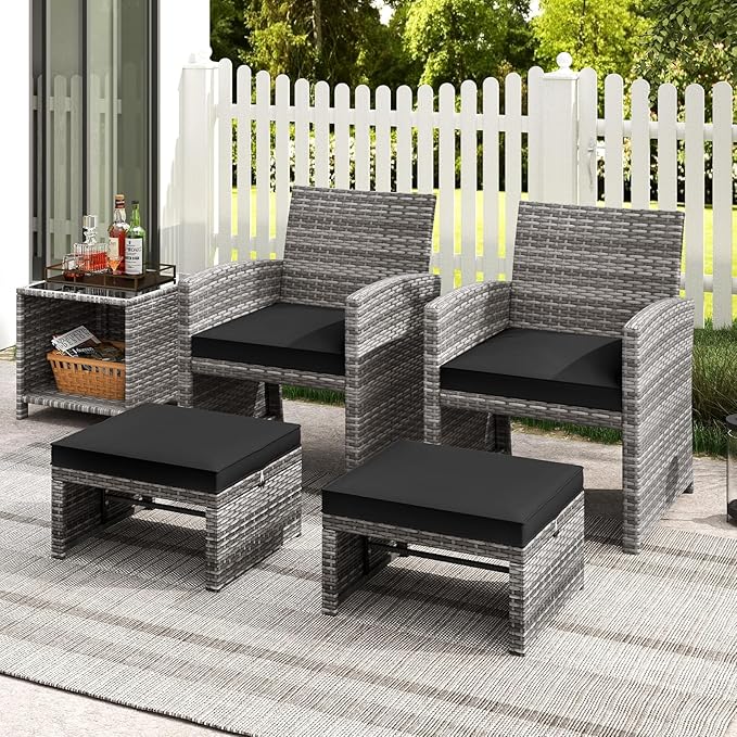 Tangkula 2 Pieces Patio PE Rattan Ottomans, Multipurpose Outdoor Footstool Footrest Additional Seating Side Table with Soft Zippered Cushions for Deck, Garden, and Yard (Black)-Ruum Studio Home