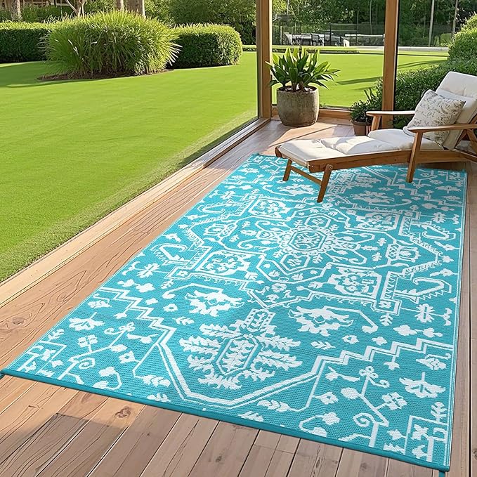 Outdoor Rug 8x10 Waterproof Reversible Plastic Straw Mat, UV-Resistant Vintage Medallion Camping Carpet for Patio, Deck, Balcony, Picnic, Large Outside Floor Mat, Light Blue/White-Ruum Studio Home