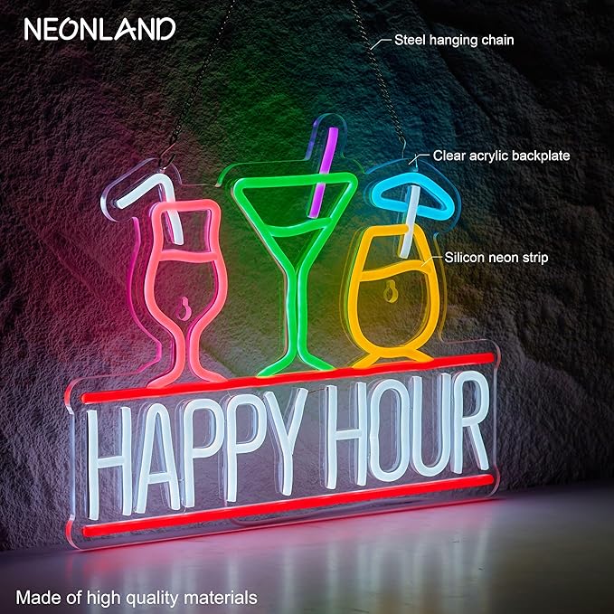 Happy Hour Neon Sign for Wall Decor Beer Bar Signs, USB Powered Dimmable LED Art Lights for Bar Pub Man Cave Party Club-Ruum Studio Home