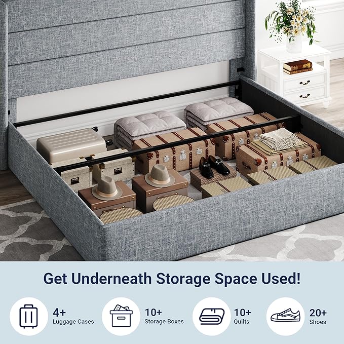 Allewie King Size Lift Up Storage Bed, Modern Wingback Headboard, Hydraulic Support, No Box Spring Needed, Grey Blue-Ruum Studio Home
