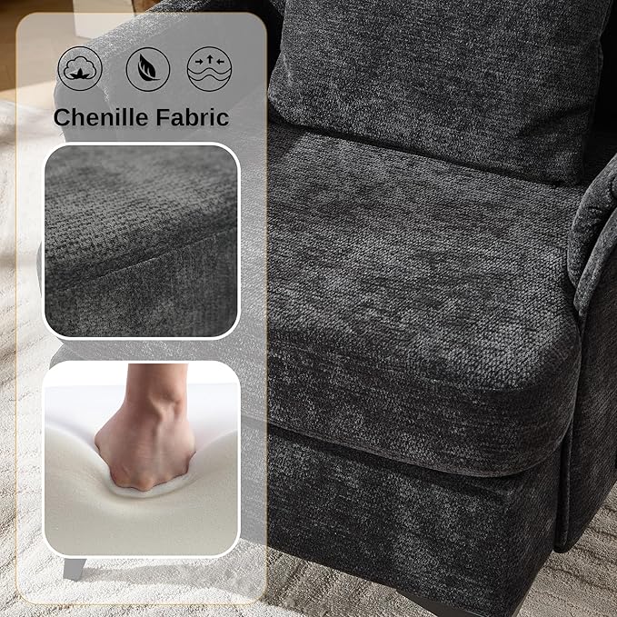 KCC Mid-Century Accent Chairs,Chenille Modern Upholstered Single Sofa,Cozy Armchair with Back for Bedroom/Office/Cafe,Black-Ruum Studio Home