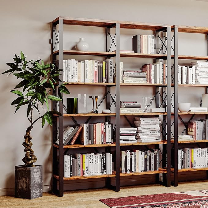 IRONCK Bookshelf Double Wide 6-Tier 76" H, Open Large Bookcase, Industrial Style Shelves, Wood and Metal Bookshelves for Home Office, Easy Assembly-Ruum Studio Home