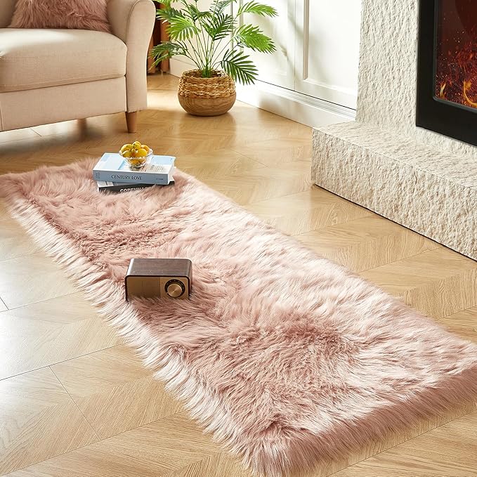 AMTOVO Faux Fur Rug, Pink Ultra Soft Fluffy Shag Sheepskin Rug, 2 x 6 ft Runner Area Rugs for Bedroom Sofa Throw Cushion Room Decor, Rectangle-Ruum Studio Home