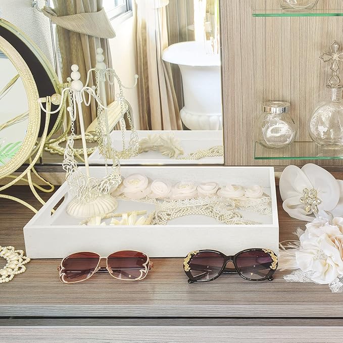 Wood Serving Tray with Handles, Home Decorative Wooden Rectangle Ottoman Decor Platter Vanity Tray for Breakfast Dinner Drinks Kitchen Dining Living Bathroom Restaurants White-Ruum Studio Home