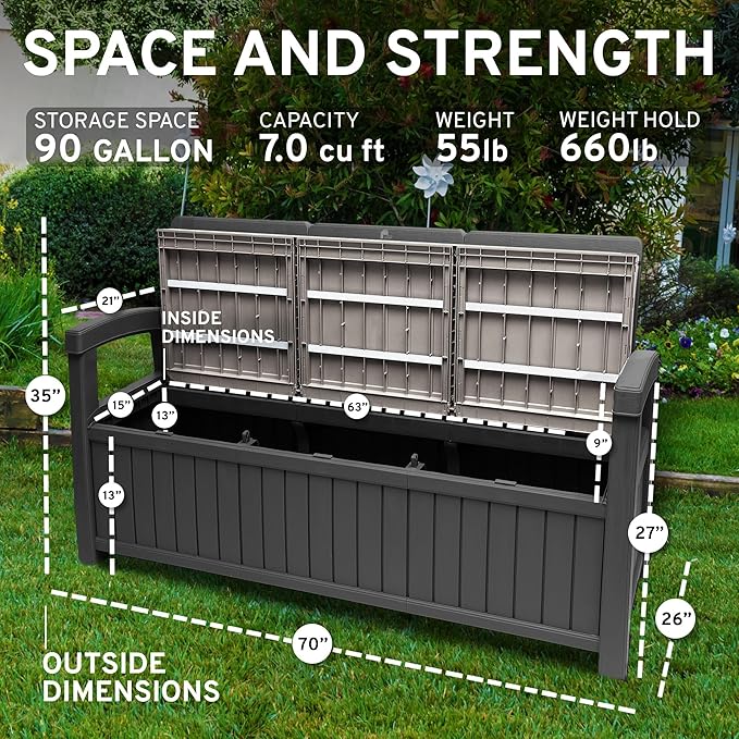 EconoHome 3 Seat Outdoor Storage Bench - 90 Gallon Capacity - Weatherproof Resin Bench for Patio, Porch, Garden, Yard, Pool Area - Furniture for Pool Accessories, Gardening Tools, Toys-Ruum Studio Home