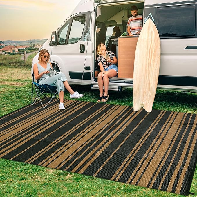 Waterproof Outdoor Rug 8x10 Contemporary Reversible Plastic Straw Rug, Easy Cleaning Striped Patio Carpet, UV-Resistant Indoor Outdoor Floor Cover for RV, Porch, Deck, Backyard, Black Brown-Ruum Studio Home